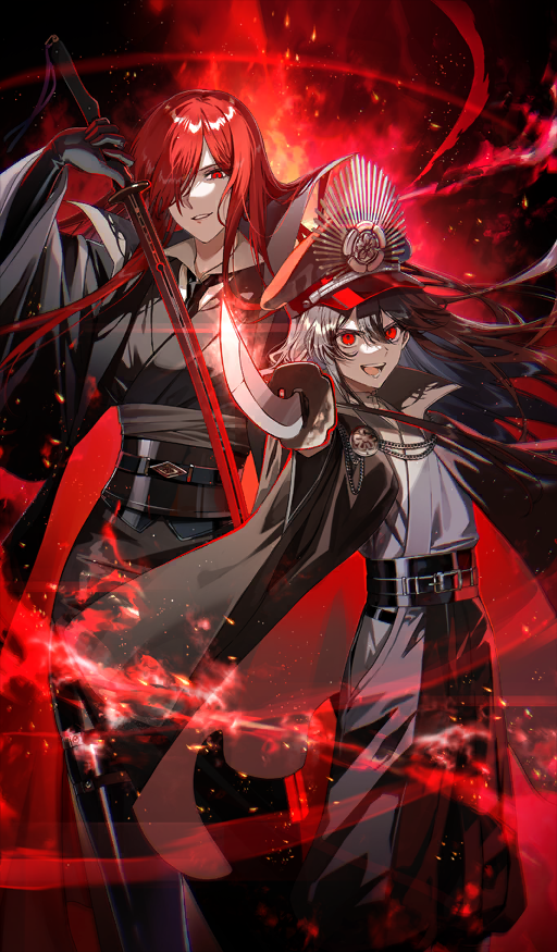 oda nobunaga (fate), oda nobunaga (maou avenger) (fate), fate/grand order, fate (series), official art, 2girls, black hair, black hat, breasts, gudaguda shinsengumi the end, hair over one eye, hat, large breasts, long hair, looking at viewer, multiple girls, peaked cap, red eyes, red hair, small breasts, very long hair