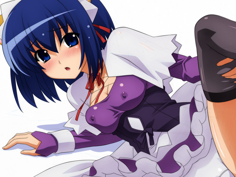 sugimura tomokazu, kokubunji koyori, nurse witch komugi-chan, 00s, 1girl, blue eyes, blue hair, blush, breasts, choker, covered erect nipples, dress, female focus, frills, hairband, lactation, lactation through clothes, leg lift, lying, maid, matching hair/eyes, medium breasts, on side, open mouth, panties, purple skirt, short hair, skirt, solo, thighhighs, torn clothes, torn thighhighs, underwear, white panties