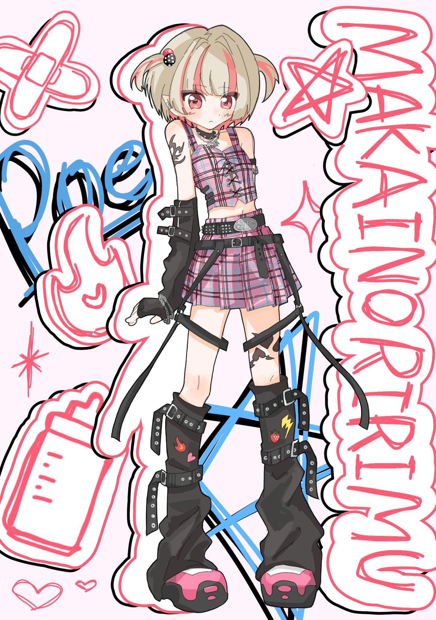 makaino ririmu, makaino ririmu (6th costume), nijisanji, highres, 1girl, :<, arm belt, bare shoulders, belt, belt buckle, black arm warmers, black belt, black collar, black leg warmers, black straps, blunt bangs, blush, buckle, chain, chain bracelet, chain necklace, character name, collar, colored inner hair, crop top, cross-laced clothes, cross-laced top, ear cuffs, fingerless gloves, flame print, food print, fruit print, full body, gloves, grey hair, hair bobbles, hair intakes, hair ornament, harness, heart, heart print, jewelry, leg belt, leg tattoo, leg warmers, lightning bolt print, loose belt, midriff, miniskirt, multicolored hair, multiple belts, navel, necklace, no headwear, no jacket, o-ring, o-ring thigh strap, pendant, pink hair, pink shoes, pink skirt, plaid clothes, plaid skirt, pleated skirt, pointy ears, red eyes, shoes, short hair, shoulder tattoo, skirt, sleeveless, solo, spiked collar, spikes, standing, strawberry print, streaked hair, studded belt, tattoo, text background, thigh strap, two side up, virtual youtuber, wakame392, white background, winged heart, winged heart tattoo, wolf cut, zipper top