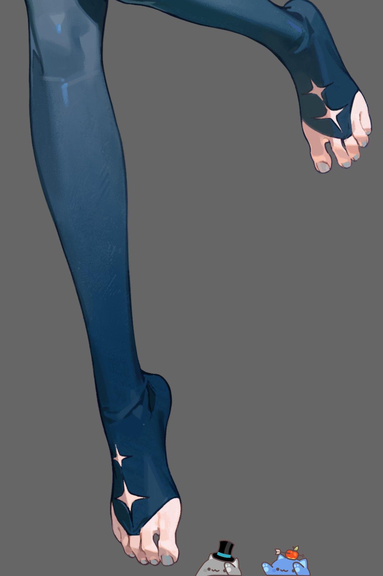 nykim0915, original, art study, highres, 1girl, :3, apple, arrow (projectile), black hat, blue leggings, bridal legwear, clothing cutout, food, food on head, fruit, fruit on head, grey background, grey nails, hat, leg focus, leg up, leggings, lower body, object on head, simple background, solo, star cutout, toenails, toes, top hat