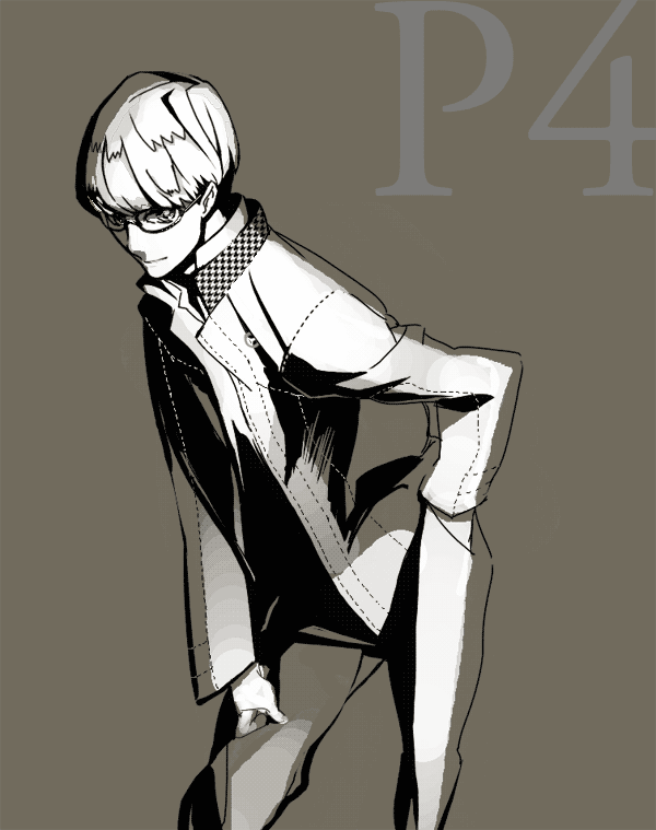mekameka shii, narukami yu, atlus, persona, persona 4, bad id, bad pixiv id, 1boy, brown background, brown theme, glasses, male focus, monochrome, short hair, simple background, solo