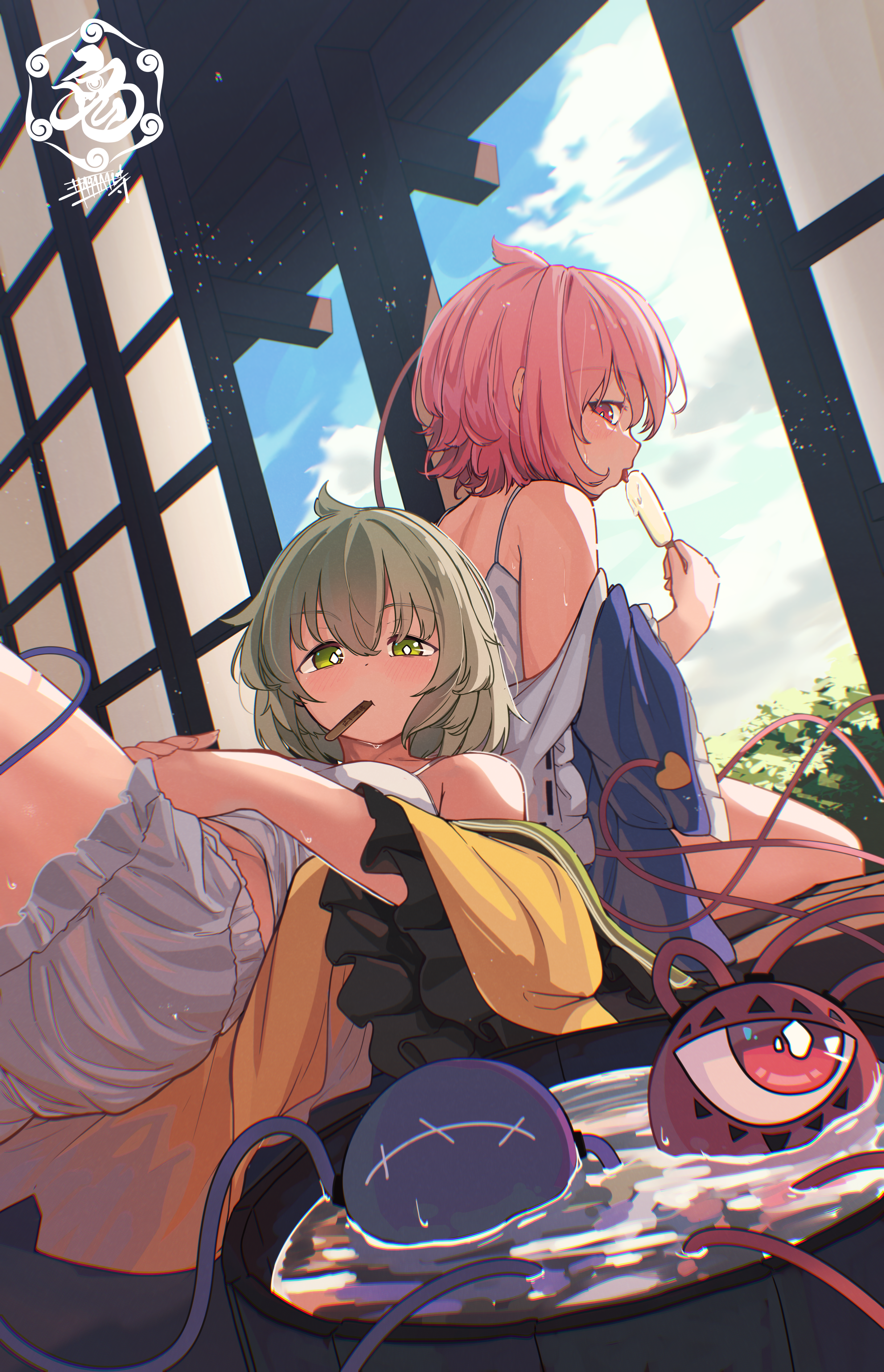 senzaicha kasukadoki, komeiji koishi, komeiji satori, touhou, absurdres, commentary request, highres, 2girls, bare shoulders, bloomers, blue shirt, blue sky, camisole, clothes down, day, food, frilled sleeves, frills, green eyes, green hair, hair between eyes, hand on own stomach, indoors, licking, long sleeves, looking at viewer, lying, multiple girls, on back, pink hair, popsicle, popsicle stick, shirt, short hair, siblings, signature, sisters, sitting, sky, third eye, underwear, water, white bloomers, white camisole, yellow shirt