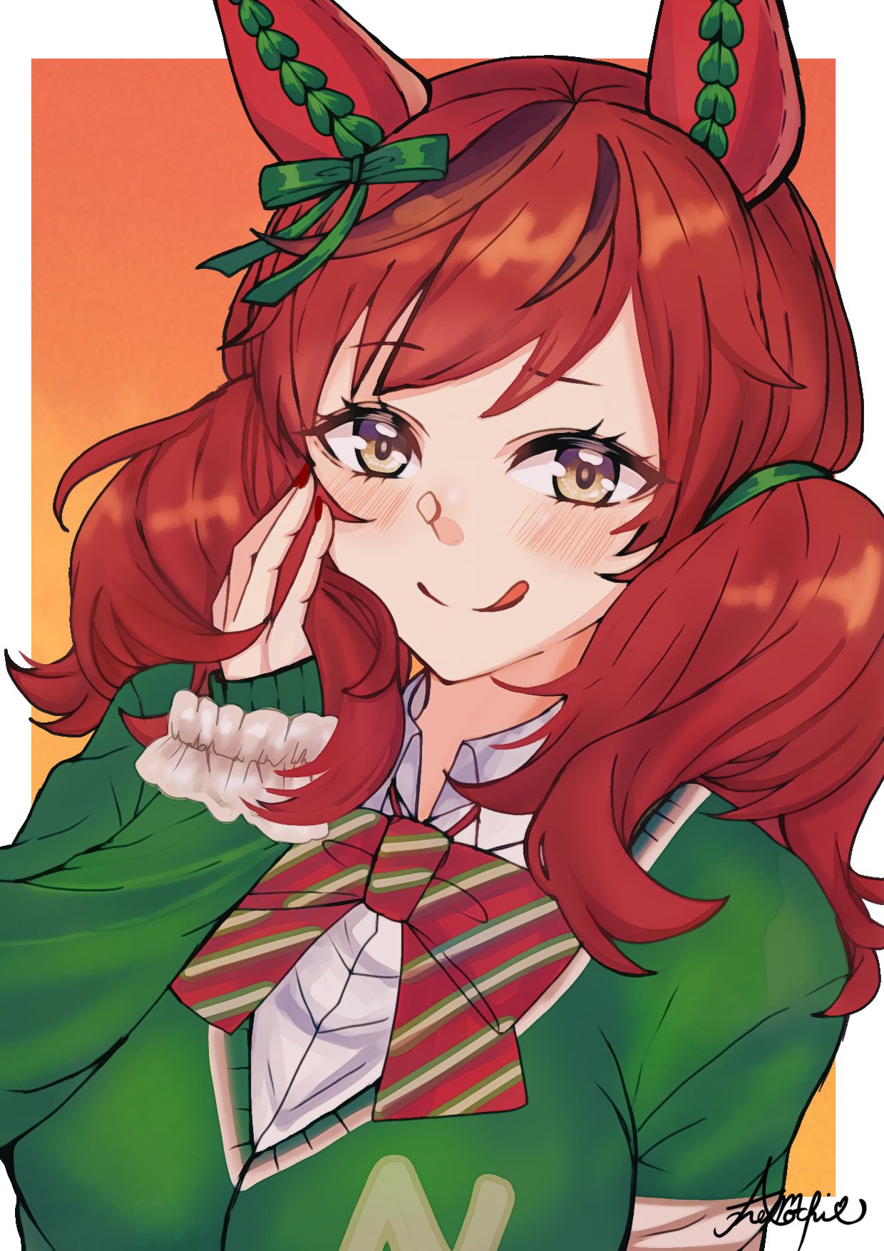b9pqpy, nice nature (umamusume), umamusume, highres, 1girl, animal ears, blush, bow, breasts, brown eyes, brown hair, closed mouth, collared shirt, diagonal-striped bow, ear covers, ear ornament, ear ribbon, green bow, green sweater, horse ears, horse girl, large breasts, looking at viewer, medium hair, multicolored hair, red bow, scrunchie, shirt, smile, solo, streaked hair, striped bow, sweater, tongue, tongue out, twintails, upper body, white shirt, wrist scrunchie