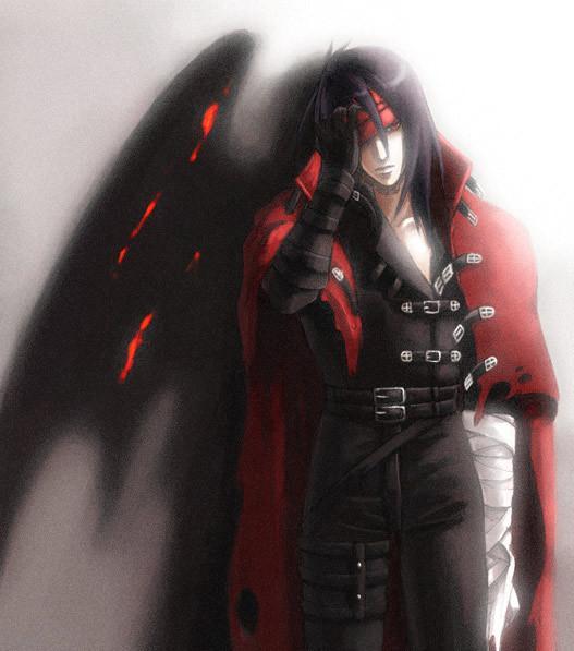 vincent valentine, final fantasy, final fantasy vii, 1990s (style), 1boy, bandages, belt, black hair, cape, coat, demon, gloves, hair over one eye, long hair, male focus, red cape, red eyes, solo, wings