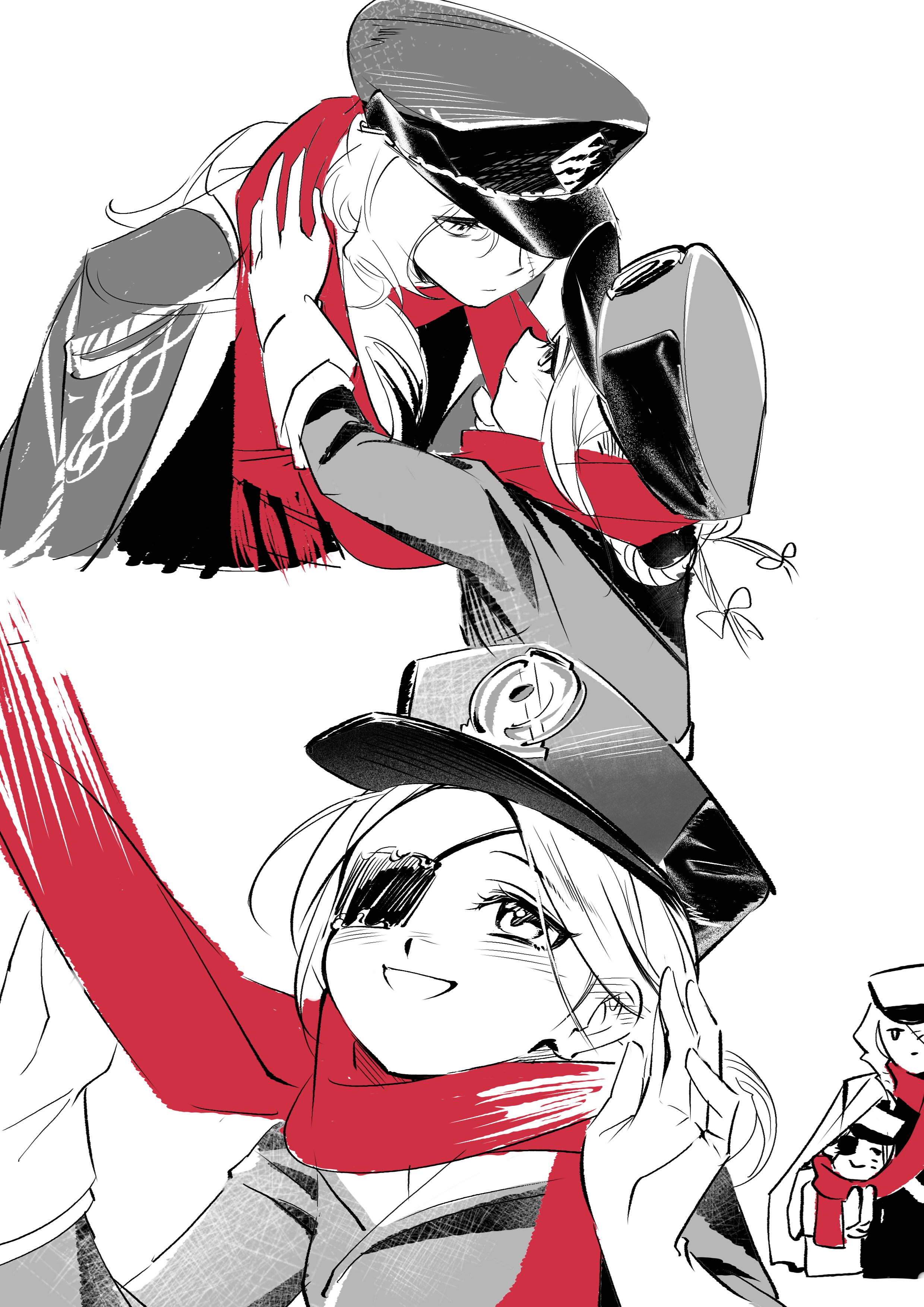 reverse:1999, absurdres, highres, 2girls, :d, adjusting scarf, aima (reverse:1999), coat, corvus (reverse:1999), eyepatch, facing another, gloves, greyscale, hat, long hair, monochrome, moroumo, multiple girls, multiple views, one eye covered, open mouth, peaked cap, red scarf, scarf, shared clothes, shared scarf, smile, spot color, upper body, white background