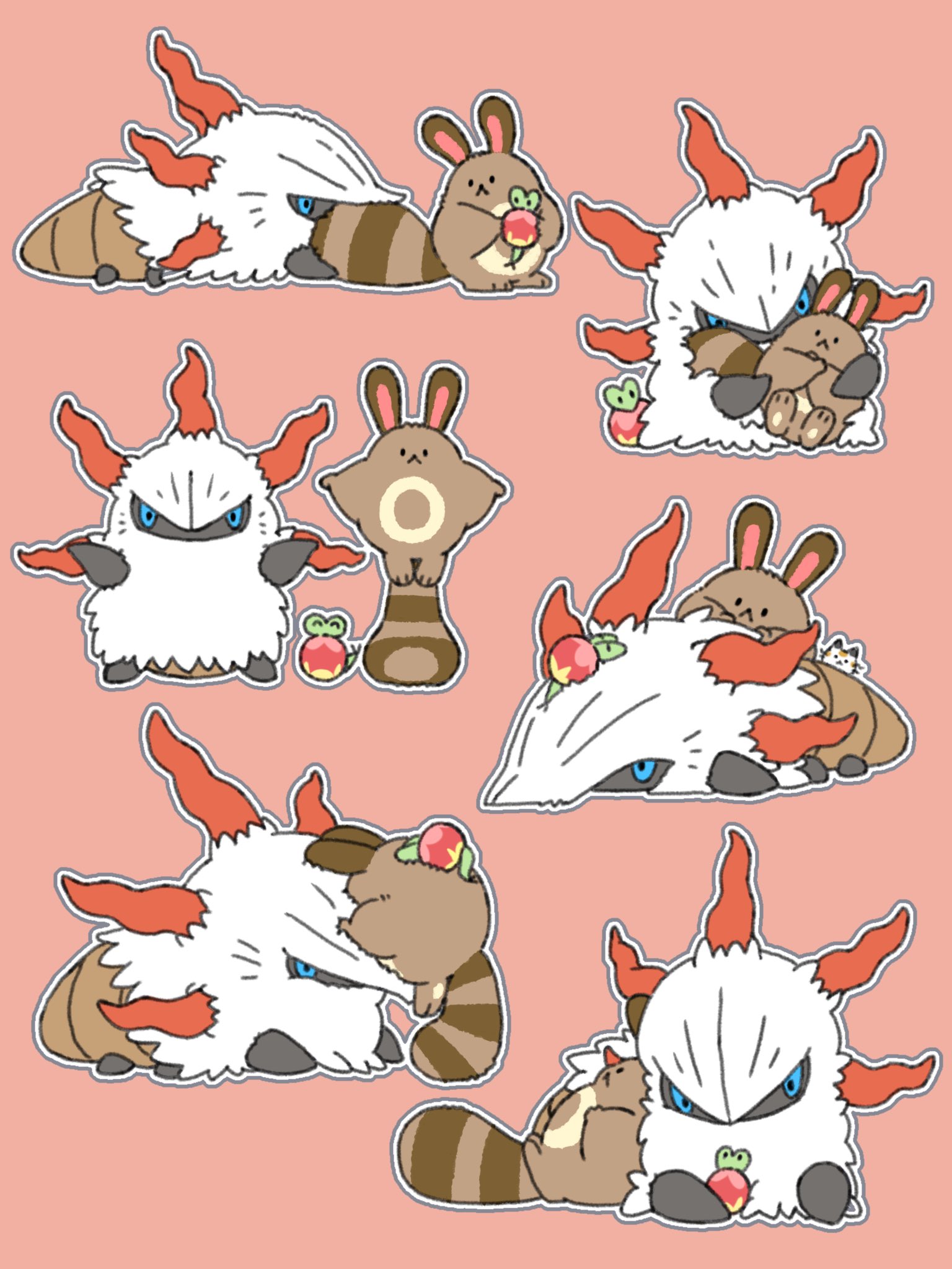 h1na3, larvesta, sentret, nintendo, pokemon, highres, animal focus, berry (pokemon), blue eyes, brown fur, bug, closed mouth, full body, gen 2 pokemon, gen 5 pokemon, leppa berry, no humans, pokemon (creature), pokemon focus, simple background, tail, white fur