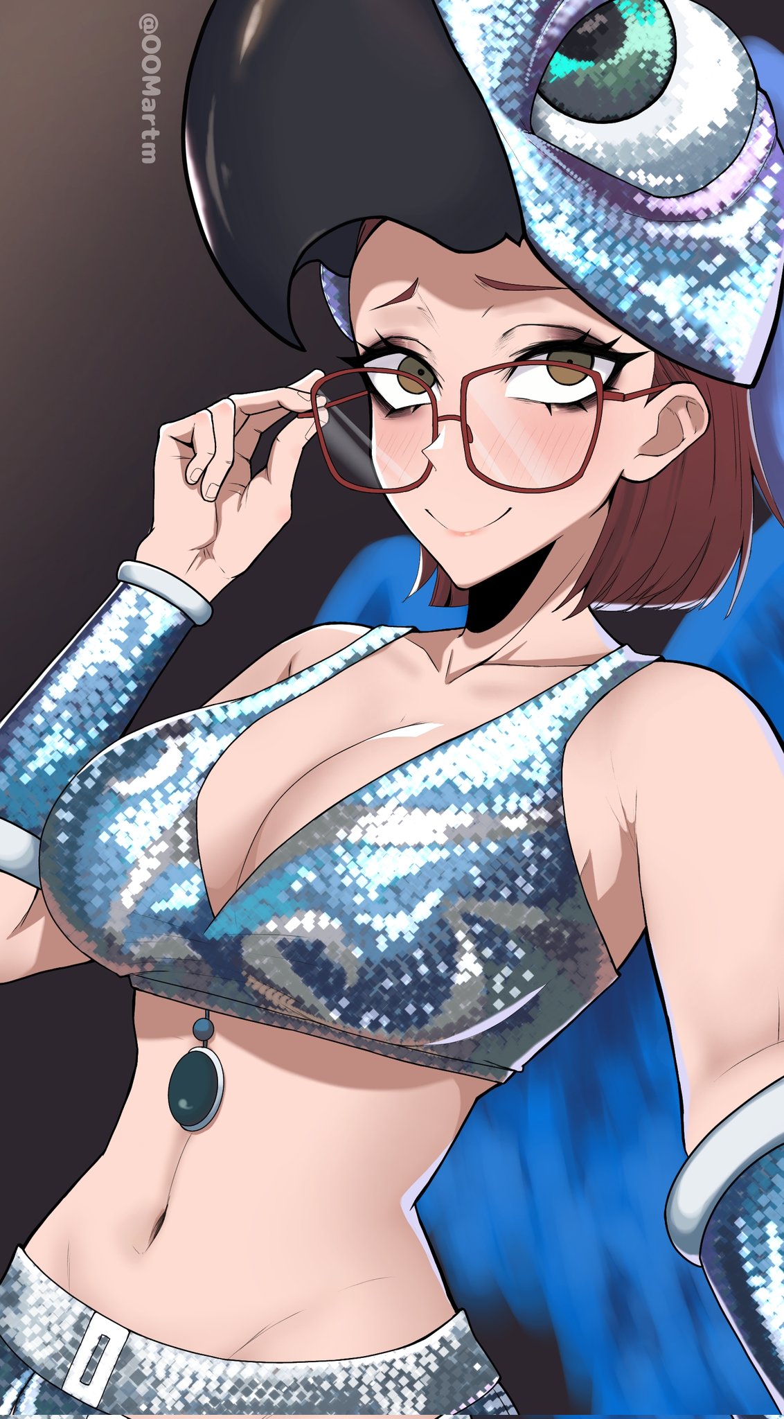 linda gunderson, rio (movie), commentary, corrupted twitter file, english commentary, highres, 1girl, adjusting eyewear, bare shoulders, black eyeshadow, blue shorts, blue tank top, blue wings, blunt ends, bracer, breasts, brown eyes, brown hair, closed mouth, collarbone, cowboy shot, eyelashes, eyeshadow, glasses, glitter, gradient background, grey background, large breasts, looking at viewer, looking over eyewear, makeup, midriff, navel, nose, oomartm, red-framed eyewear, short hair, shorts, smile, solo, tank top, twitter username, wings