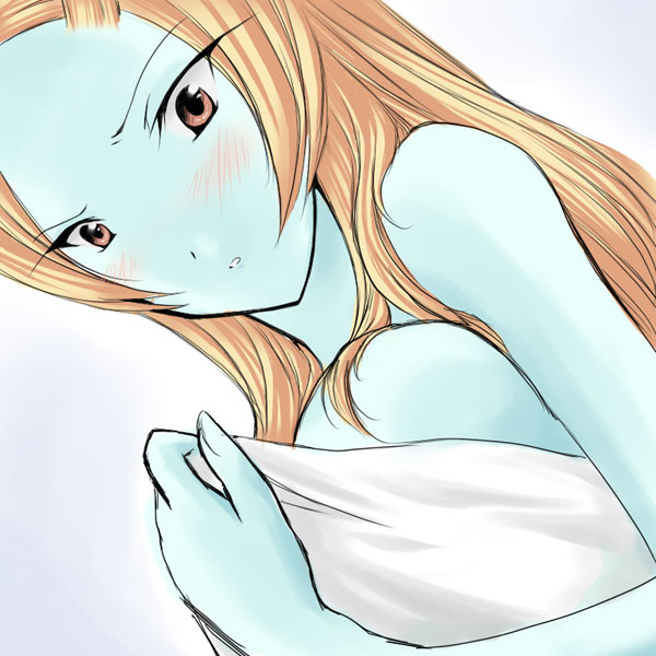microspace, midna, midna (true), nintendo, the legend of zelda, the legend of zelda: twilight princess, spoilers, 1girl, blue skin, colored skin, female focus, nude, solo, towel