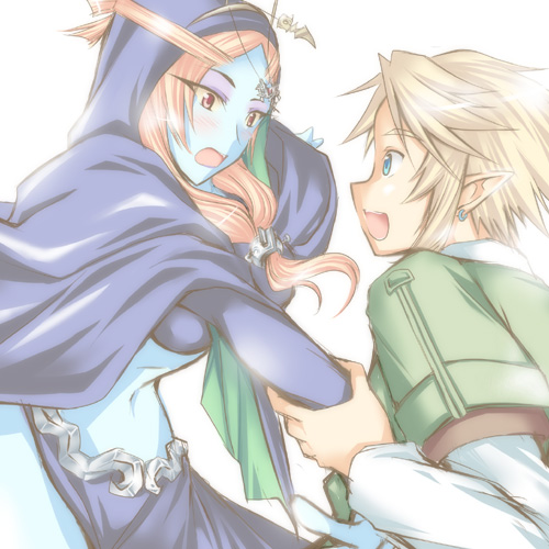 microspace, link, midna, midna (true), nintendo, the legend of zelda, the legend of zelda: twilight princess, lowres, non-web source, spoilers, 1boy, 1girl, blonde hair, blue eyes, earrings, front ponytail, jewelry, pointy ears