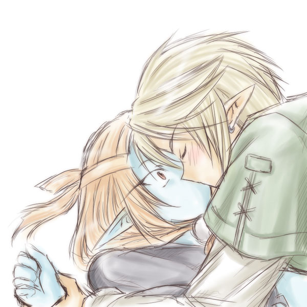 microspace, link, midna, midna (true), nintendo, the legend of zelda, the legend of zelda: twilight princess, non-web source, spoilers, 1boy, 1girl, blue skin, colored skin, earrings, hetero, jewelry, kiss, pointy ears, surprised