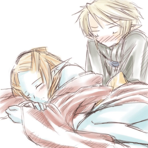 microspace, link, midna, midna (true), nintendo, the legend of zelda, the legend of zelda: twilight princess, lowres, spoilers, 1boy, 1girl, pointy ears, sleeping