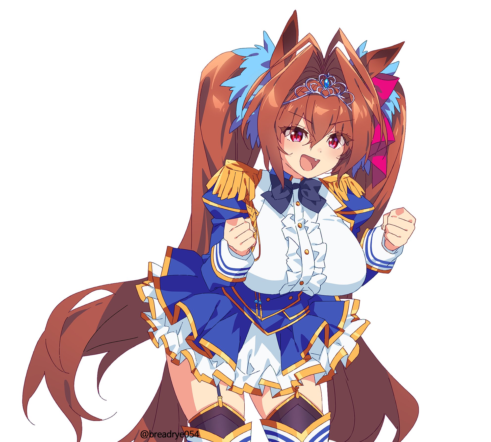 daiwa scarlet (peak blue) (umamusume), daiwa scarlet (umamusume), umamusume, highres, 1girl, animal ears, artist name, black bow, black bowtie, bow, bowtie, breadrye, breasts, brown hair, clenched hands, fang, garter straps, hands up, horse ears, horse girl, horse tail, large breasts, long hair, open mouth, red eyes, simple background, smile, solo, tail, tiara, twintails, twitter username, white background