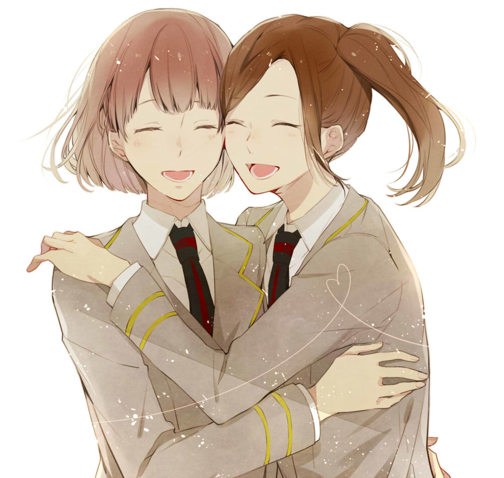 5574iahu, blush, brown hair, closed eyes, fujieda neri, high side ponytail, hug, multiple girls, necktie, open mouth, school uniform, shirt, short hair, smile, white shirt, yagisawa moeka, zettai kaikyuu gakuen