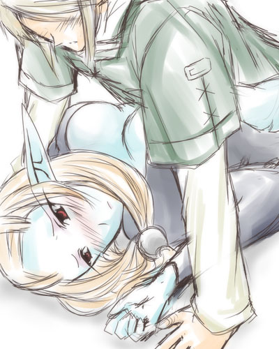 microspace, link, midna, midna (true), nintendo, the legend of zelda, the legend of zelda: twilight princess, lowres, non-web source, spoilers, 1boy, 1girl, blonde hair, blue skin, blush, breasts, colored skin, forced, long hair, pointy ears, red eyes