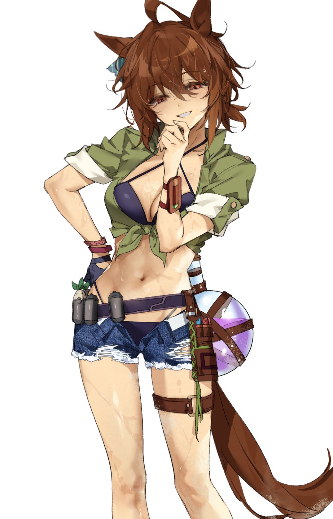 agnes tachyon (lunatic lab) (umamusume), agnes tachyon (umamusume), umamusume, highres, 1girl, ahoge, animal ears, bikini, black bikini, breadrye, breasts, brown eyes, brown hair, cleavage, denim, denim shorts, green shirt, hand on own chin, horse ears, horse girl, horse tail, looking at viewer, official alternate costume, open fly, shirt, short shorts, shorts, simple background, smile, solo, swimsuit, tail, tied shirt, wet, white background, white mouth