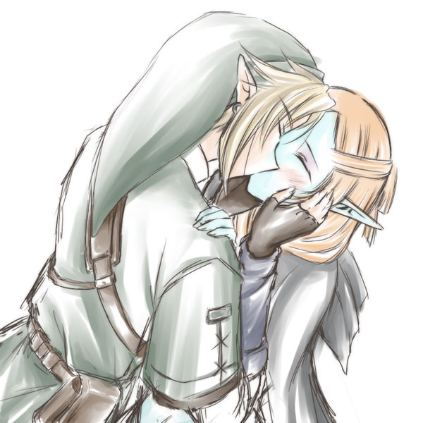 microspace, link, midna, midna (true), nintendo, the legend of zelda, the legend of zelda: twilight princess, non-web source, spoilers, 1boy, 1girl, blonde hair, blue skin, blush, closed eyes, colored skin, earrings, hat, hetero, jewelry, kiss, orange hair, pointy ears