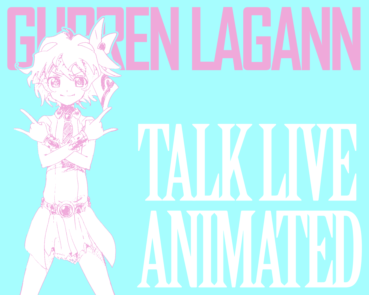 nia teppelin, tengen toppa gurren lagann, 00s, 1girl, n/, blue background, copyright name, crossed arms, female focus, looking at viewer, m/, monochrome, short hair, simple background, solo, standing, text focus