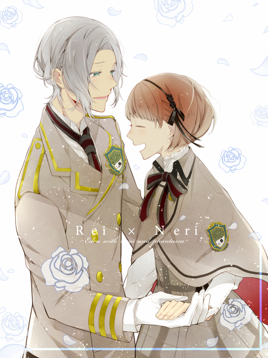 5574iahu, highres, black ribbon, blue flower, blue rose, brown hair, dress, flower, fujieda neri, gloves, grey eyes, hetero, necktie, plaid clothes, plaid dress, poncho, ribbon, rose, saginomiya rei, school uniform, white background, white gloves, white hair, zettai kaikyuu gakuen