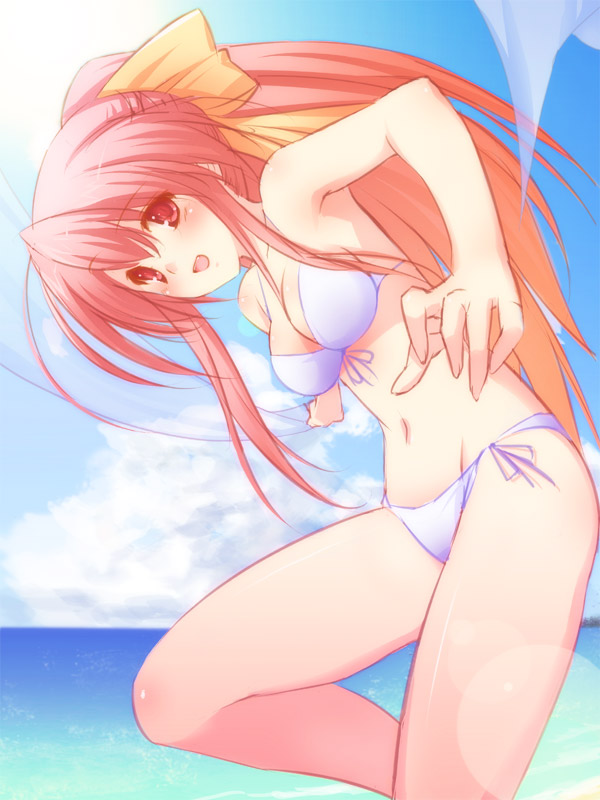 47agdragon, original, 1girl, :d, armpits, bare shoulders, bikini, bow, collarbone, day, female focus, hair bow, long hair, looking at viewer, navel, open mouth, smile, solo, stomach, swimsuit, very long hair