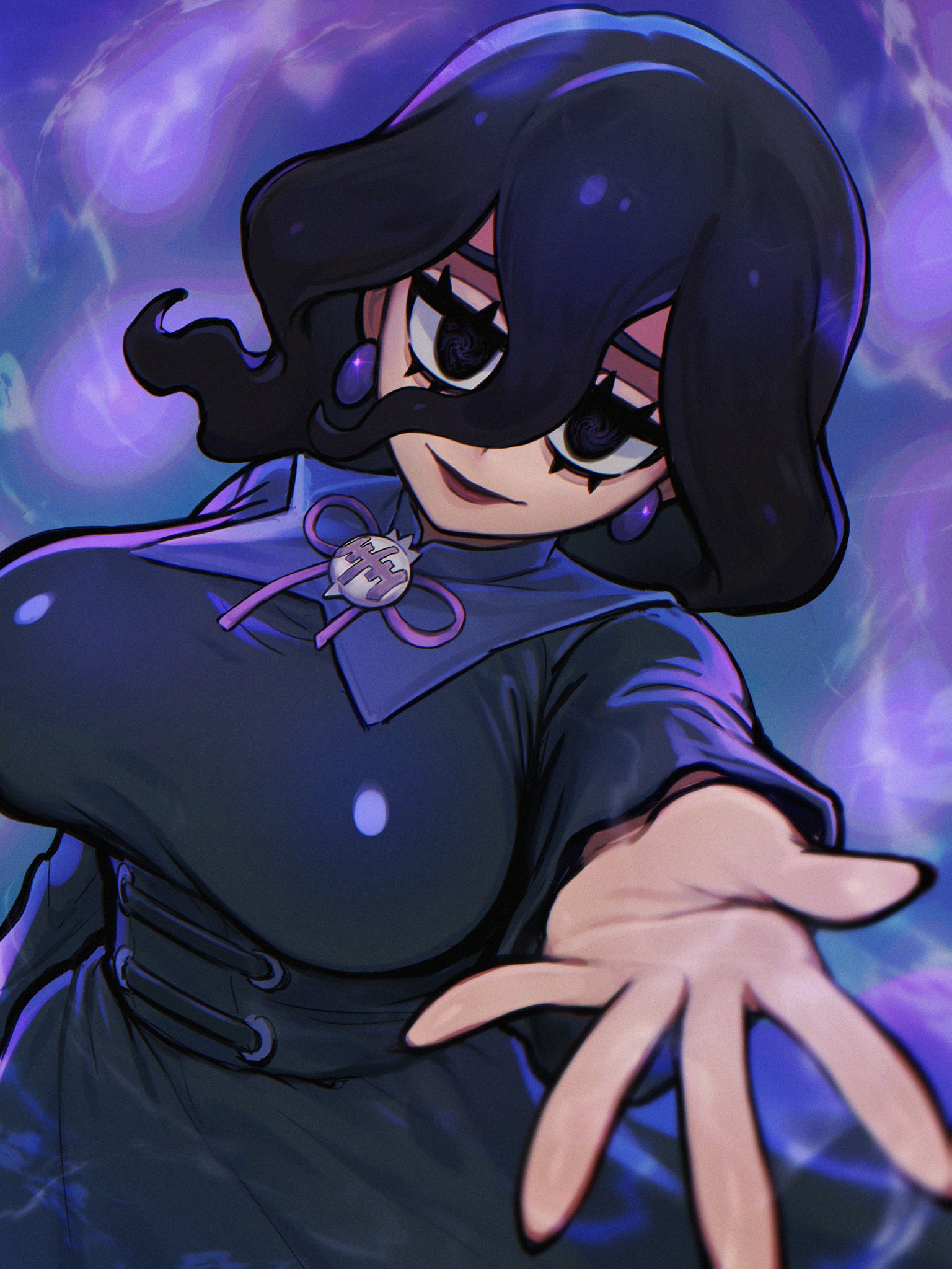 tada hajime, hex maniac (pokemon legends: z-a), nintendo, pokemon, pokemon legends: z-a, highres, 1girl, alternate breast size (larger), black corset, black dress, black hair, breasts, closed mouth, corset, dress, earrings, hair between eyes, jewelry, large breasts, long hair, long sleeves, looking at viewer, neck ribbon, outstretched arm, purple eyes, purple ribbon, ribbon, smile, solo