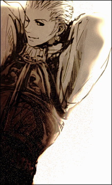 balflear, final fantasy, final fantasy xii, lowres, 00s, 1boy, arms behind head, looking at viewer, male focus, monochrome, one eye closed, simple background, solo, vest, white background, wink