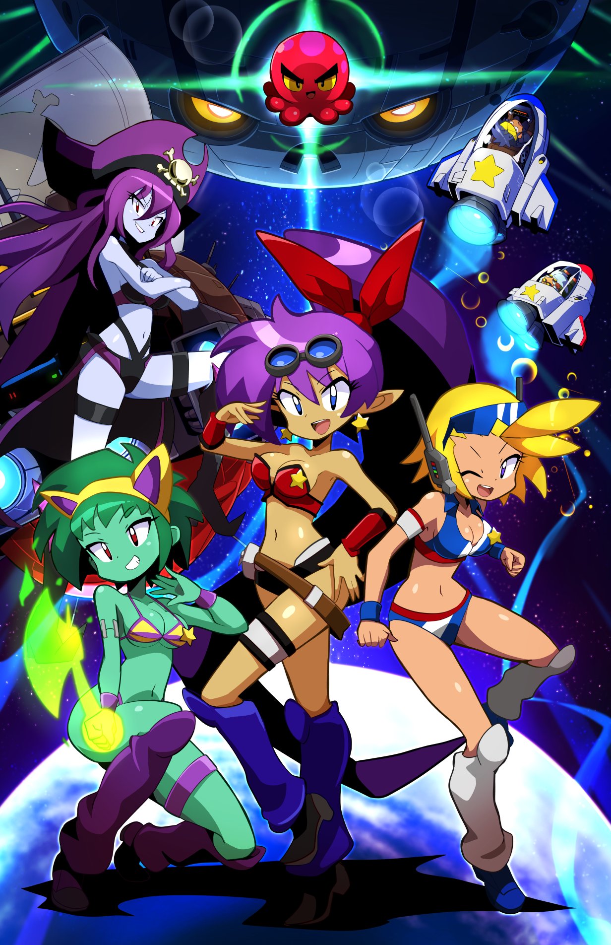 sakurajyousui nami, bolo (shantae), risky boots, rottytops, shantae, sky (shantae), squid baron, uncle mimic, shantae (series), highres, official art, 4girls, animal ear hairband, animal ears, bikini, blush, cat ear hairband, cat ears, colored skin, fake animal ears, goggles, goggles on head, hairband, hat, multiple girls, navel, one eye closed, pirate hat, planet, pointy ears, space, spacecraft, star (sky), swimsuit
