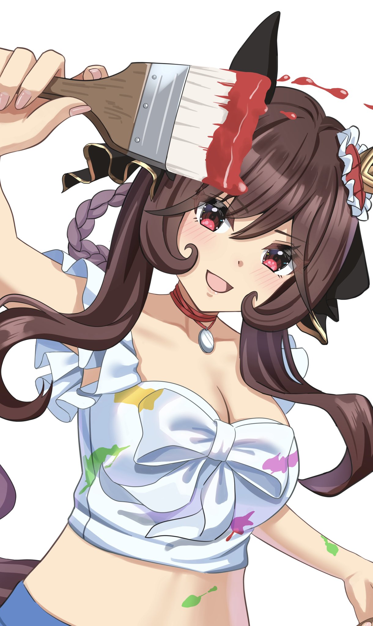 aimi (tikichin0229), gentildonna (umamusume), umamusume, highres, 1girl, animal ears, blue shorts, blush, braid, braided hair rings, breasts, brown hair, cleavage, collarbone, cropped shirt, ear covers, ear ornament, hair between eyes, hair ornament, hair rings, heart-shaped ornament, heart ear ornament, holding, holding paintbrush, horse ears, horse girl, horse tail, long hair, looking at viewer, medium breasts, midriff, open mouth, paint, paintbrush, pendant choker, red eyes, shirt, shorts, simple background, smile, solo, tail, white background, white shirt