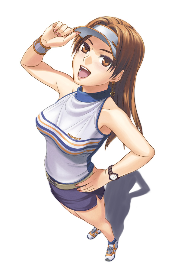 tan taka, visor, 1girl, :d, belt, brown eyes, brown hair, earrings, female focus, from above, hand on own hip, heart, jewelry, lipstick, long hair, looking up, makeup, miniskirt, nail polish, open mouth, salute, shadow, shirt, shoes, skirt, sleeveless, sleeveless shirt, sleeveless turtleneck, smile, sneakers, socks, solo, standing, striped clothes, striped shirt, turtleneck, visor cap, watch, wristband, wristwatch