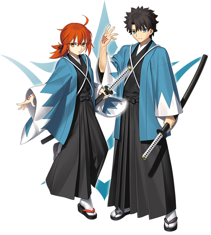 takeuchi takashi, fujimaru ritsuka (female), fujimaru ritsuka (male), fate/grand order, fate (series), official art, second-party source, 1boy, 1girl, ahoge, black hair, black hakama, black kimono, blue eyes, blue haori, command spell, full body, geta, hair ribbon, hakama, haori, holding, holding sword, holding weapon, japanese clothes, kimono, long sleeves, looking at viewer, okobo, open mouth, orange eyes, orange hair, outline, platform sandals, ponytail, ribbon, sandals, shinsengumi, standing, standing on one leg, sword, transparent background, weapon, white outline, wide sleeves
