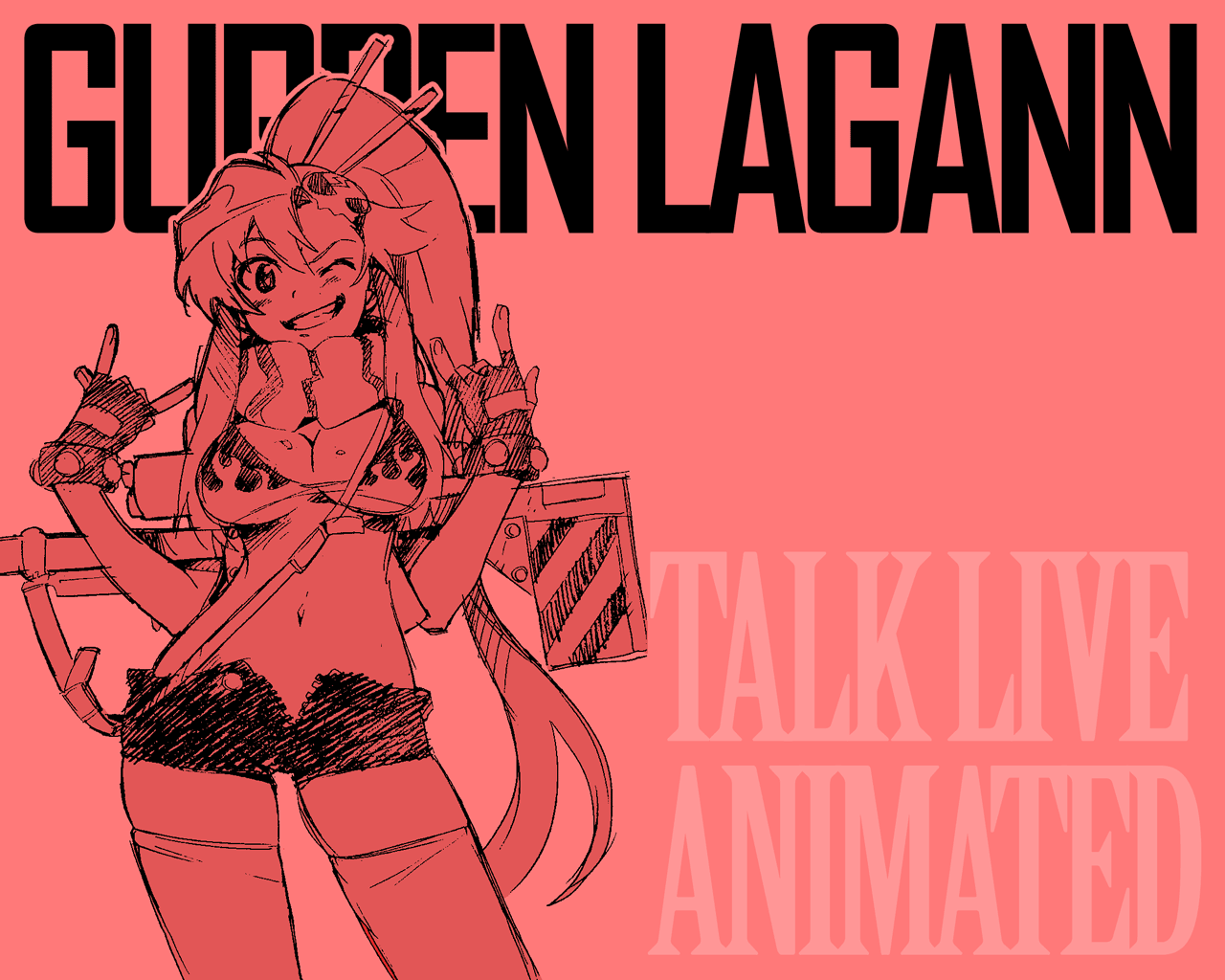 yoko littner, tengen toppa gurren lagann, official art, official wallpaper, 00s, 1girl, n/, anti-materiel rifle, bikini, bikini top only, female focus, fingerless gloves, gloves, grin, gun, hair ornament, m/, midriff, monochrome, one eye closed, ponytail, red theme, rifle, scarf, shorts, smile, sniper rifle, solo, swimsuit, thighhighs, weapon, wink