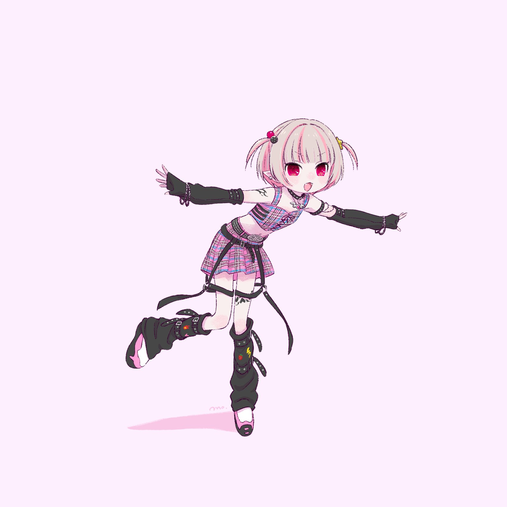 makaino ririmu, makaino ririmu (6th costume), nijisanji, highres, 1girl, :3, arm belt, arm strap, bare shoulders, belt, belt buckle, black arm warmers, black belt, black collar, black leg warmers, black straps, blunt bangs, blush, buckle, chain, chain bracelet, chain necklace, collar, colored inner hair, crop top, cross-laced clothes, cross-laced top, ear cuffs, fangs, fingerless gloves, flame print, food print, fruit print, full body, gloves, grey hair, hair bobbles, hair intakes, hair ornament, harness, heart, heart print, jewelry, leaning forward, leg belt, leg tattoo, leg warmers, lightning bolt print, loose belt, midriff, miniskirt, mopyo, multicolored hair, multiple belts, navel, necklace, no headwear, no jacket, o-ring, o-ring thigh strap, open mouth, outstretched arms, pendant, pink background, pink hair, pink shoes, pink skirt, plaid clothes, plaid skirt, pleated skirt, pointy ears, red eyes, shoes, short hair, shoulder tattoo, signature, simple background, skirt, sleeveless, solo, spiked collar, spikes, spread arms, standing, standing on one leg, star (symbol), strawberry print, streaked hair, studded belt, tattoo, thigh strap, two side up, v-shaped eyebrows, virtual youtuber, winged heart, winged heart tattoo, wolf cut, zipper top