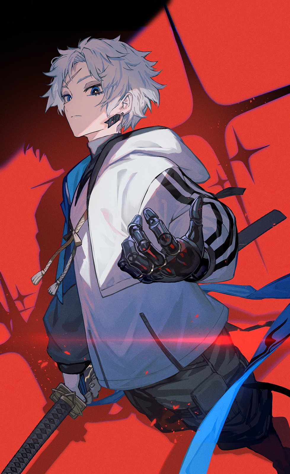 lack, fate/grand order, fate (series), highres, 1boy, bare shoulders, blue eyes, holding, holding sword, holding weapon, jacket, looking at viewer, open clothes, open jacket, shirt, solo, sword, toudou heisuke (fate), weapon, white hair, white jacket