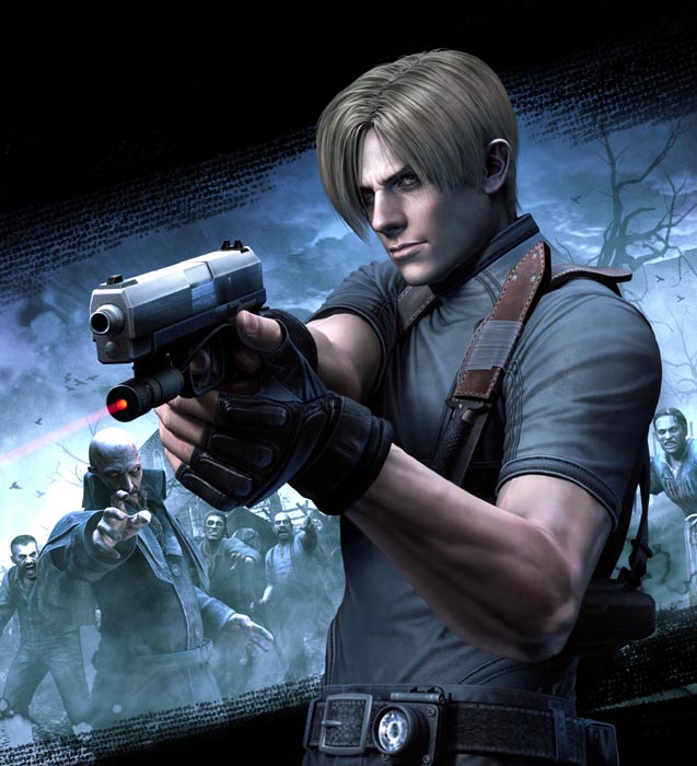 bitores mendez, ganado, leon s. kennedy, resident evil, resident evil 4, 1boy, belt, blonde hair, curtained hair, gun, h&k usp, holster, jacket, knife, laser sight, male focus, ruger p, s&w sd, s&w sigma, sheath, shoulder holster, silver ghost, weapon