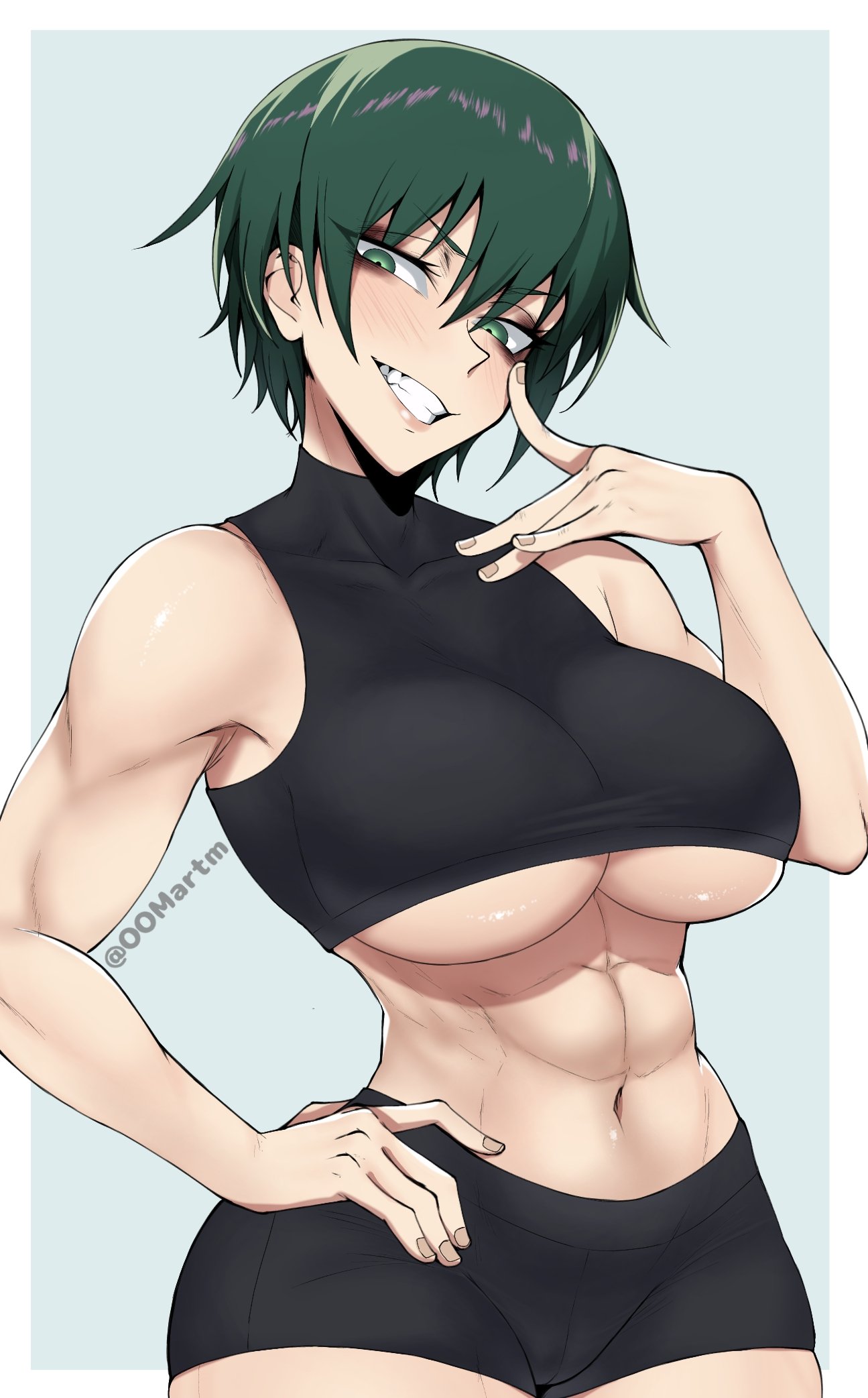 zen'in maki, jujutsu kaisen, commentary, english commentary, highres, variant set, 1girl, abs, armpit crease, bare shoulders, black shorts, black tank top, blush, border, breasts, covered collarbone, cowboy shot, cropped shirt, eyelashes, eyeshadow, finger to eye, fingernails, green eyes, green hair, grey background, hair between eyes, hand on own hip, hand up, head tilt, large breasts, looking at viewer, makeup, midriff, muscular, muscular female, navel, nose, oomartm, outside border, short hair, shorts, simple background, smile, solo, tank top, teeth, twitter username, underboob, white border