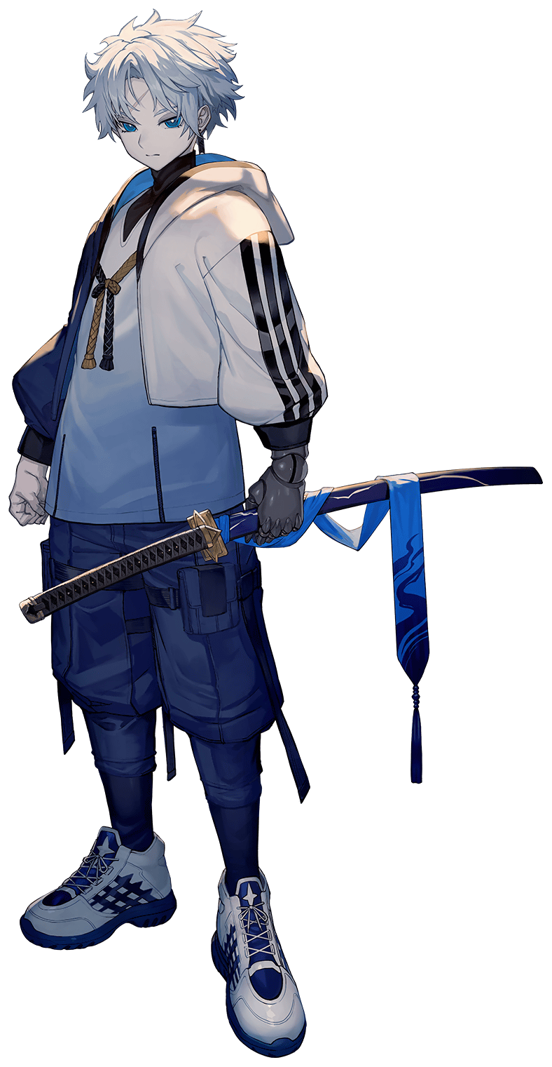 lack, fate/grand order, fate (series), highres, official art, second-party source, 1boy, blue eyes, blue shorts, clenched hand, cropped jacket, earrings, full body, holding, holding sword, holding weapon, jacket, jewelry, katana, looking at viewer, male focus, outline, prosthesis, prosthetic arm, scar, scar on face, scar on forehead, shirt, shoes, short hair, shorts, sneakers, solo, standing, sword, toudou heisuke (fate), transparent background, turtleneck, weapon, white hair, white jacket, white outline, white shirt, white shoes