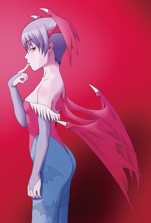 ranmaru, lilith (darkstalkers), capcom, darkstalkers, 1girl, animal print, bat print, bat wings, blue pantyhose, demon girl, elbow gloves, female focus, gloves, head wings, leotard, pantyhose, print pantyhose, purple hair, red eyes, red leotard, short hair, solo, wings