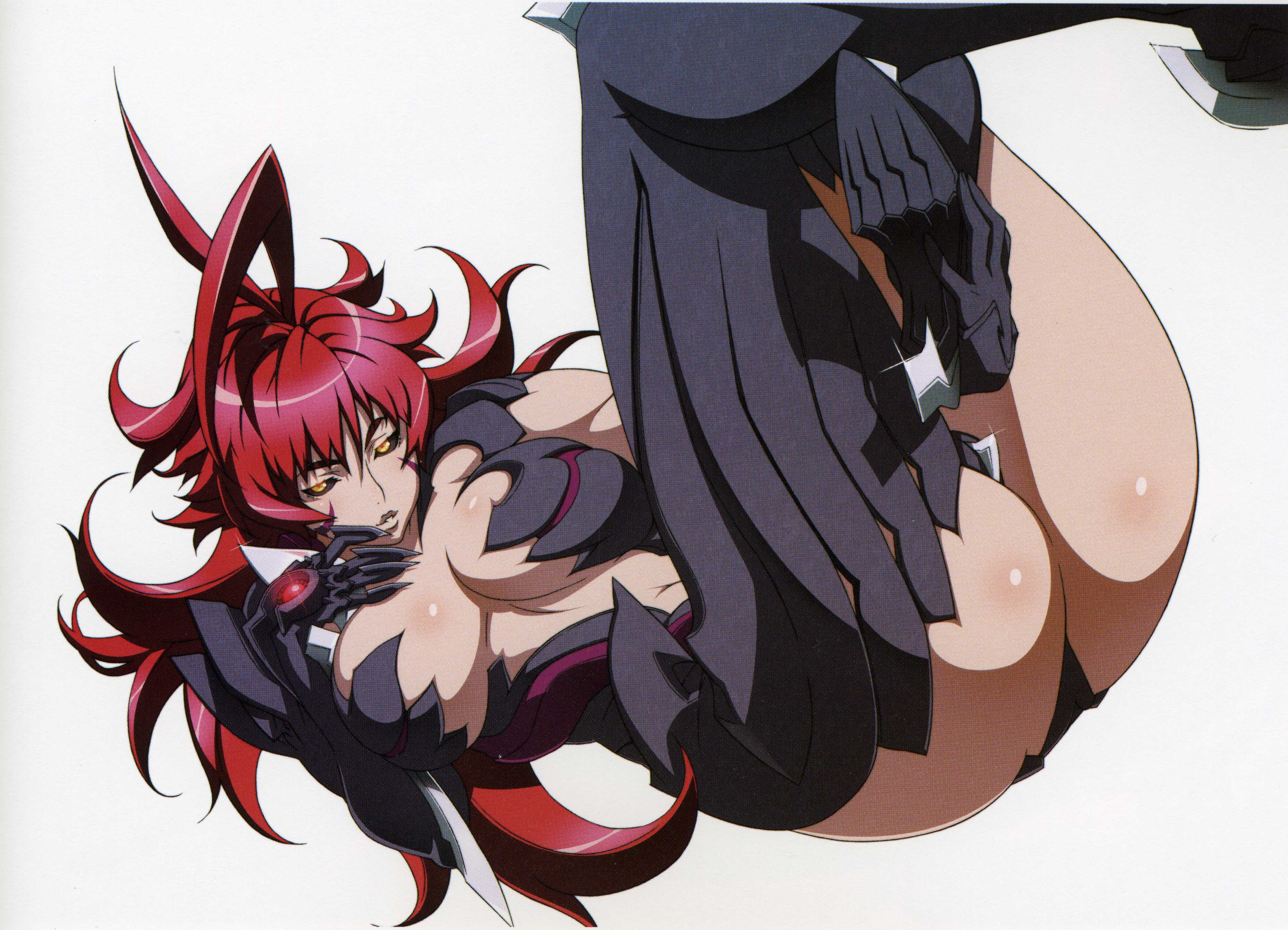 uno makoto, amaha masane, witchblade, blade, absurdres, highres, official art, scan, scan artifacts, 00s, 1girl, antenna hair, armor, ass, bikini armor, black sclera, body blush, bodysuit, boots, breasts, breasts apart, center opening, claws, cleavage, colored sclera, crossed legs, facial mark, female focus, gem, glint, glowing, hand on own chest, high heels, large breasts, legs up, long hair, looking at viewer, lying, mature female, midriff, navel, on back, one-piece thong, orange eyes, red hair, shoes, simple background, sitting, soles, solo, thigh boots, thighhighs, very long hair, wavy hair, weapon, white background