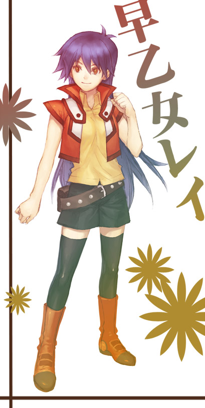 tea (retroz), saotome rei, yu-gi-oh!, yu-gi-oh! gx, bad id, bad pixiv id, 1girl, boots, duel academy uniform (yu-gi-oh! gx), female focus, long hair, osiris red uniform, purple hair, school uniform, serafuku, solo, thighhighs