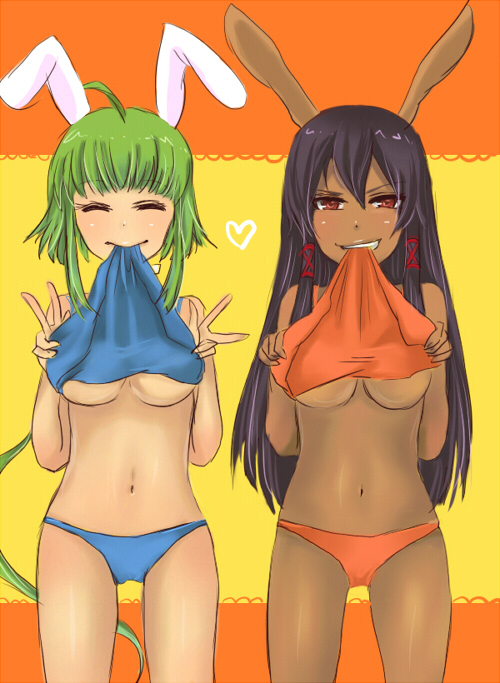 masaki (celesta), nagase kaede, tatsumiya mana, mahou sensei negima!, 00s, 2girls, ahoge, animal ears, breasts, closed eyes, clothes lift, dark-skinned female, dark skin, double v, green hair, grin, looking at viewer, mouth hold, multiple girls, navel, panties, rabbit ears, rabbit girl, red eyes, shirt lift, smile, teeth, underboob, underwear, v