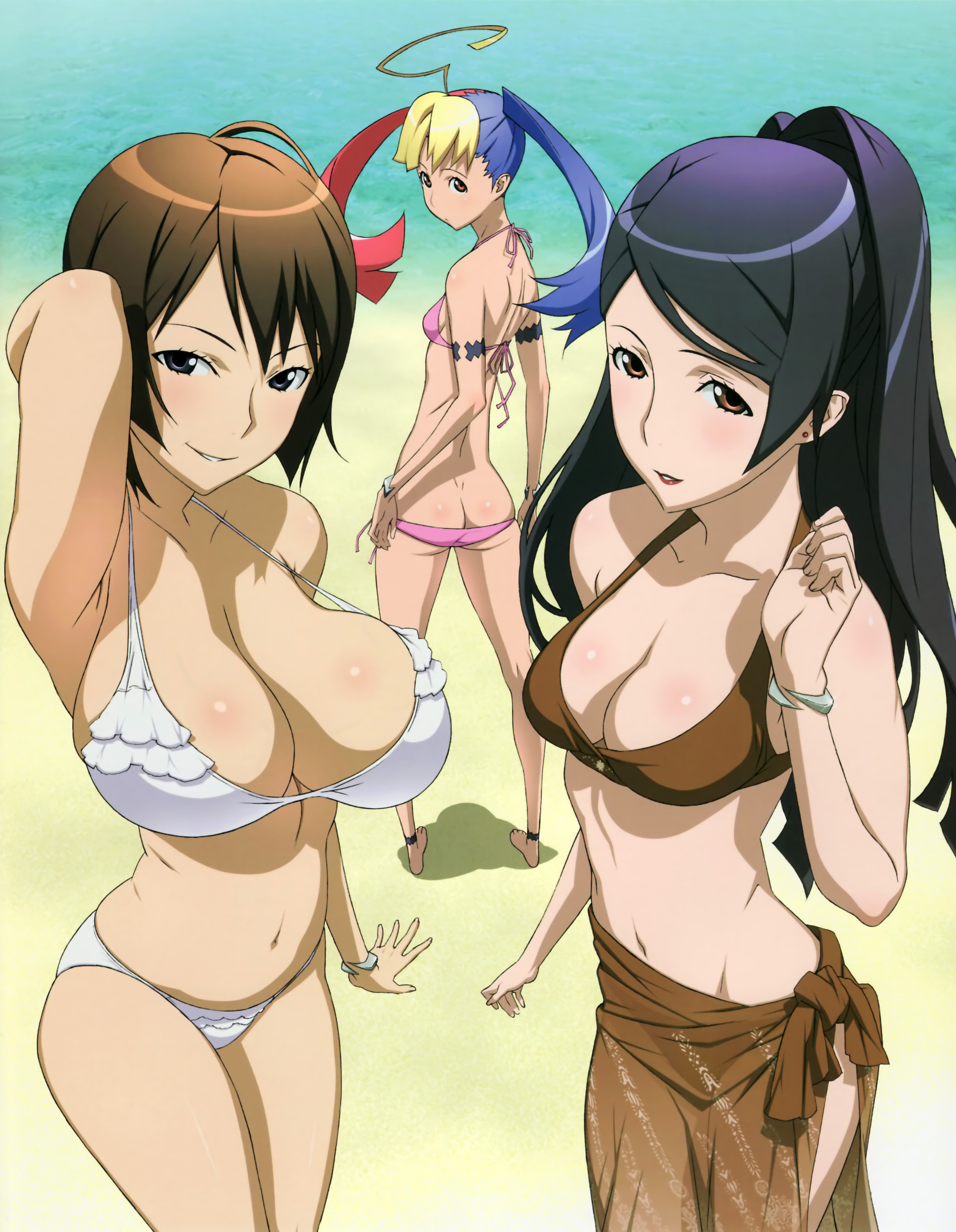 uno makoto, maria (witchblade), soho reina, tsuzuki shiori, witchblade, absurdres, highres, official art, 00s, 3girls, ahoge, arm behind head, arm up, armpits, ass, bare shoulders, beach, bikini, breasts, brown hair, butt crack, cleavage, day, from above, huge breasts, large breasts, legs, lips, looking at viewer, looking back, lowleg, multicolored hair, multiple girls, navel, ocean, parted lips, pink bikini, ponytail, sarong, seductive smile, short hair, smile, standing, swimsuit, twintails, white bikini