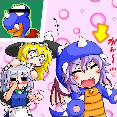noise bleed, izayoi sakuya, kirisame marisa, remilia scarlet, rex (mario), mario (series), nintendo, super mario bros. 1, super mario world, touhou, lowres, 3girls, blonde hair, blood, blush, censored, censored identity, cosplay, fang, female focus, hat, maid, maid headdress, multiple girls, purple hair, wings, witch hat