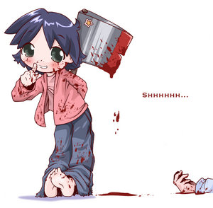 lowres, tagme, axe, blood, purple hair, weapon