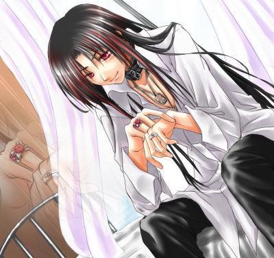 lowres, bed, black hair, collar, jewelry, long hair, male focus, red eyes, ring
