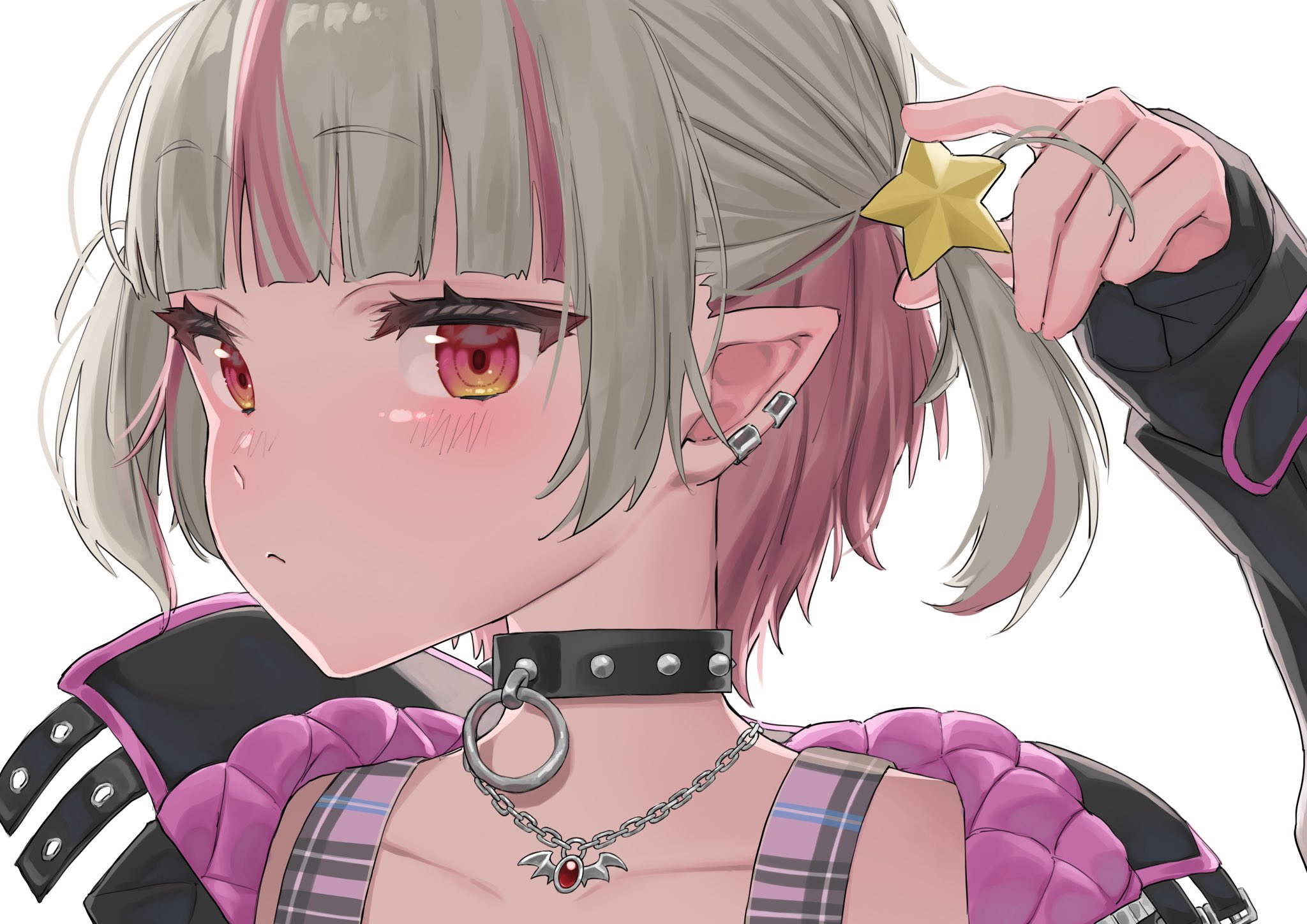 makaino ririmu, makaino ririmu (6th costume), nijisanji, highres, 1girl, :<, black collar, black jacket, blunt bangs, blush, chain, chain necklace, collar, collarbone, colored inner hair, ear cuffs, embarrassed, grey hair, hair ornament, holding, holding hair ornament, holding own hair, jacket, jewelry, looking at viewer, multicolored hair, necklace, no headwear, open clothes, open jacket, pendant, pink hair, pink jacket, plaid clothes, pointy ears, portrait, qinuillust, red eyes, short hair, simple background, smile, solo, spiked collar, spikes, star (symbol), streaked hair, two-sided fabric, two-sided jacket, two side up, virtual youtuber, white background, wolf cut