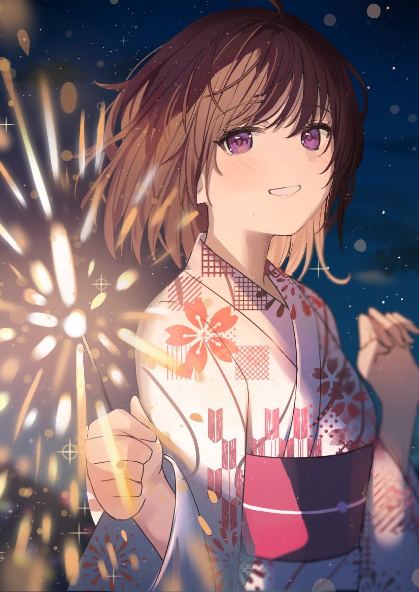 aroa (aroamoyasi), original, highres, 1girl, blush, breasts, brown hair, fireworks, floral print, floral print kimono, hair between eyes, holding, holding fireworks, japanese clothes, kimono, long sleeves, looking at viewer, night, obi, outdoors, print kimono, purple eyes, sash, short hair, smile, solo, upper body, yukata