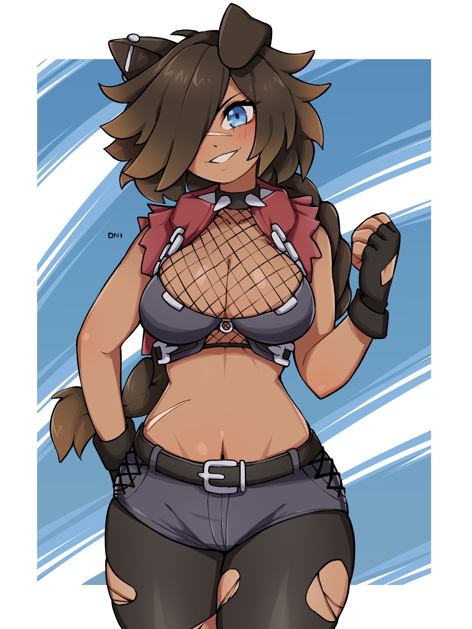 oninuer, original, commentary, english commentary, highres, paid reward available, 1girl, animal ear piercing, animal ears, belt, belt buckle, black belt, black choker, black gloves, black thighhighs, blue background, blue eyes, border, bra, breasts, brown hair, buckle, choker, cleavage, clenched hand, cowboy shot, dog ears, dog girl, dog tail, fingerless gloves, fishnet top, fishnets, gloves, grey bra, grey shorts, hair over one eye, hand up, large breasts, long hair, looking at viewer, navel, one eye covered, outside border, parted bangs, parted lips, short shorts, shorts, smile, solo, spiked choker, spikes, stomach, tail, thighhighs, torn clothes, torn thighhighs, underwear, white border