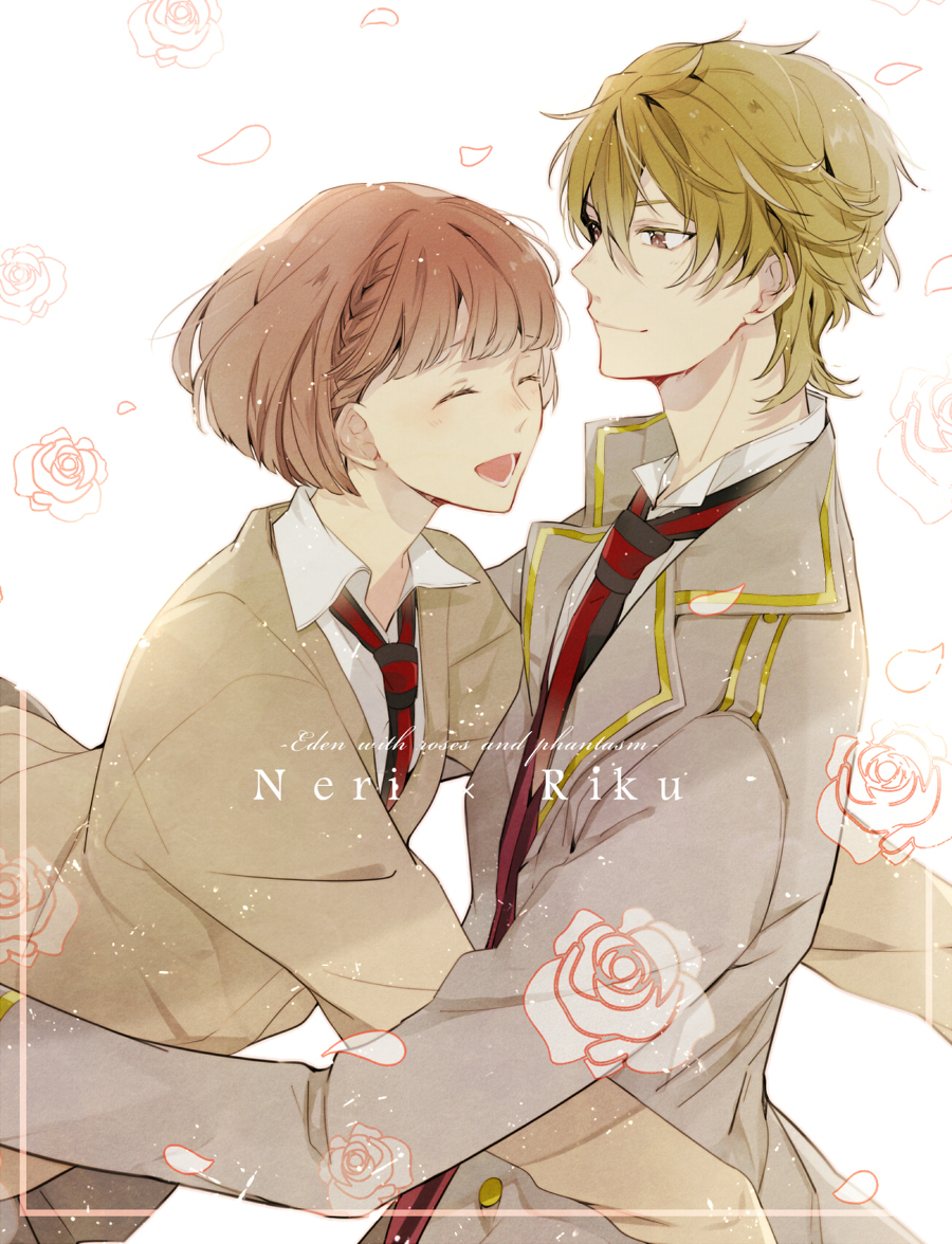 5574iahu, blonde hair, blush, brown eyes, brown hair, cardigan, closed eyes, flower, fujieda neri, hug, necktie, open cardigan, open clothes, open mouth, school uniform, smile, takamine riku, zettai kaikyuu gakuen