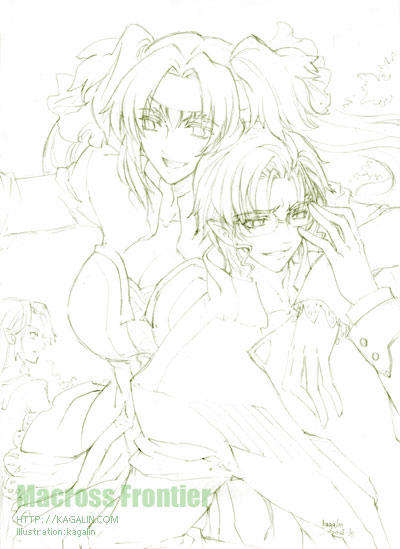 kaga, kagalin, klan klein, mikhail buran, macross, macross frontier, 00s, 1boy, 1girl, breasts, cleavage, glasses, green theme, headband, huge breasts, long hair, monochrome, pointy ears, twintails