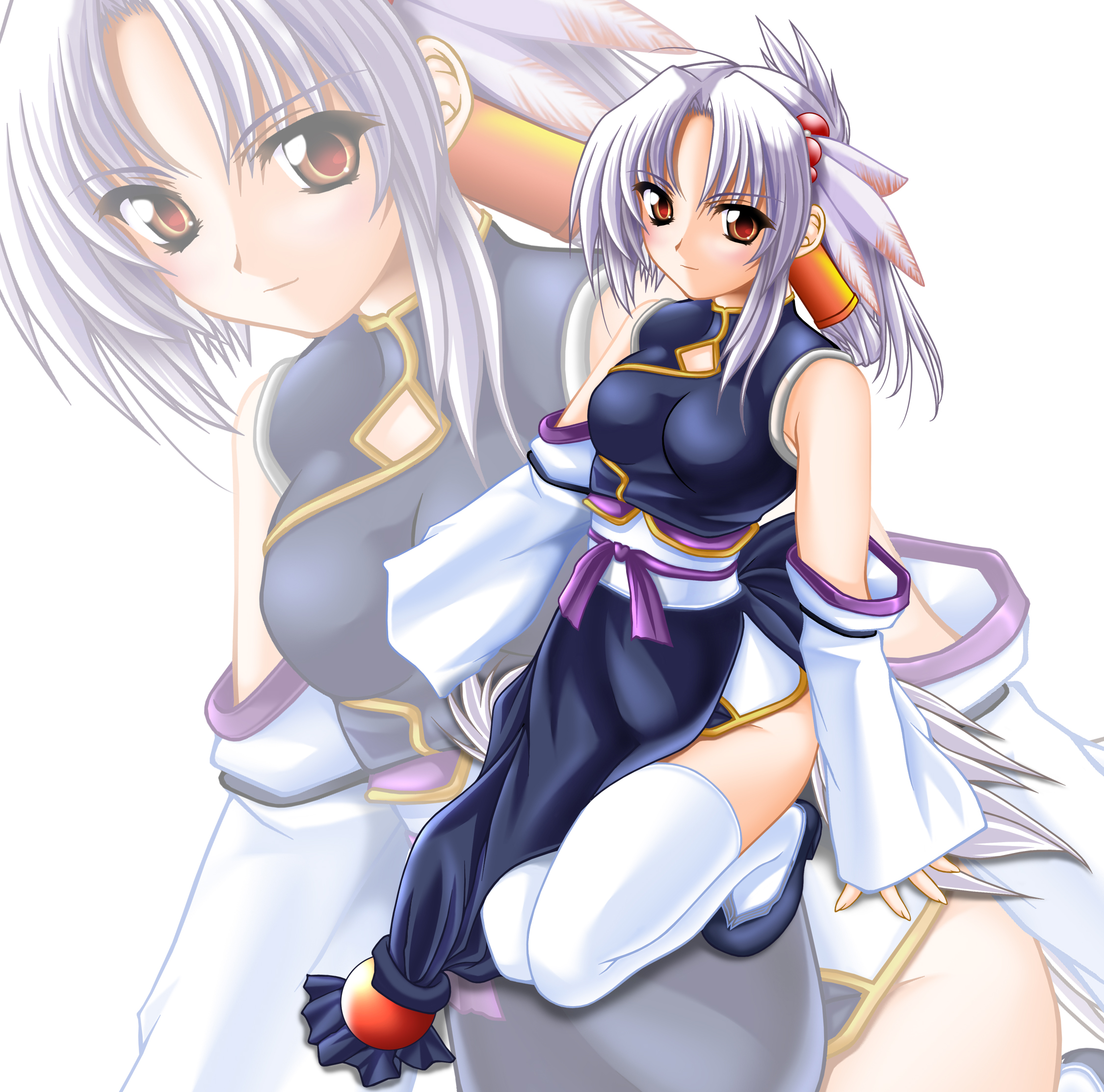 tomoya kankurou, tenrou kunagi, dai (series), daibanchou, silver hair, highres, china dress, chinese clothes, detached sleeves, dress, red eyes, solo, thighhighs, zoom layer