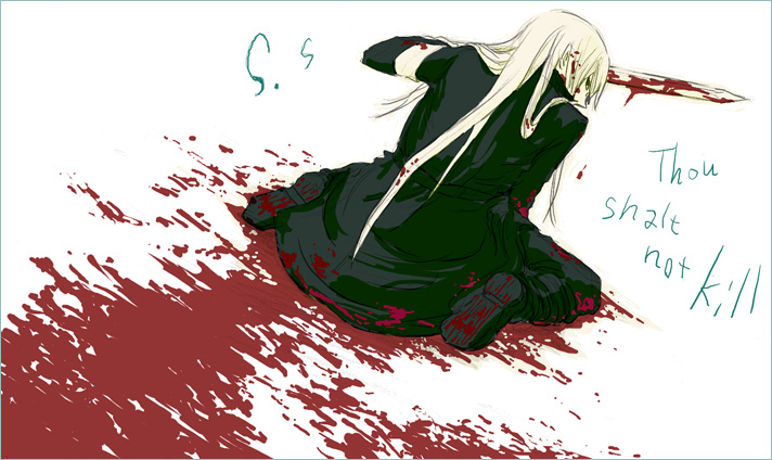 blonde hair, blood, long hair, male focus, sword, weapon